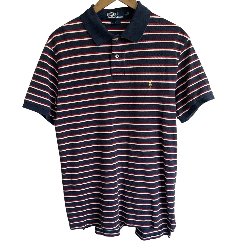 POLO Ralph Lauren Custom Fit Preppy Classic Golf Stripe Shirt Men XL Vintage